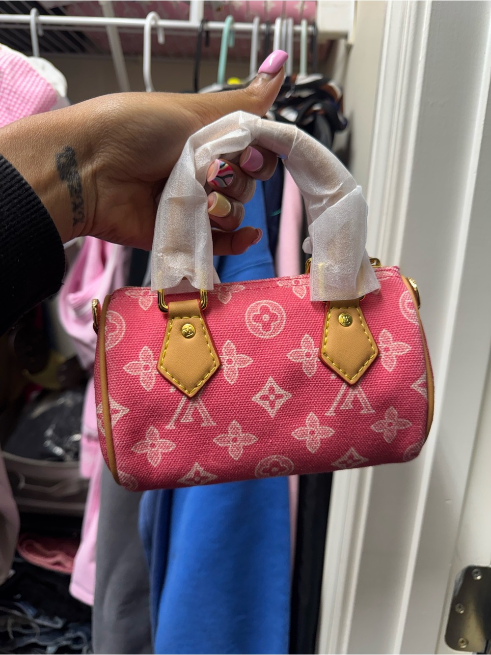 SHEIN Pink Monogram Mini Top-Handle Bag with Tan Trim